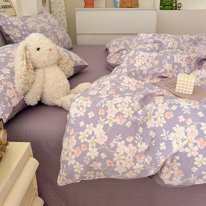 91家纺网 家纺一手货源 找家纺 梦纤绒 2025新款古法水洗棉小布袋四件套，高克重木棉云柔棉 莫奈-紫