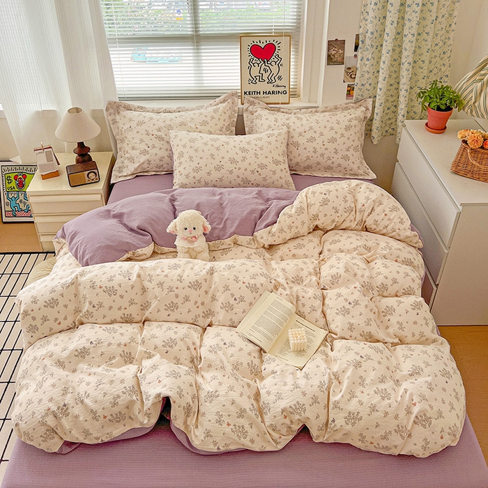 91家纺网 家纺一手货源 找家纺 梦纤绒 2025新款古法水洗棉小布袋四件套，高克重木棉云柔棉 浅夕