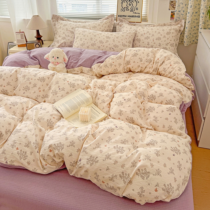 91家纺网 家纺一手货源 找家纺 梦纤绒 2025新款古法水洗棉小布袋四件套，高克重木棉云柔棉 浅夕