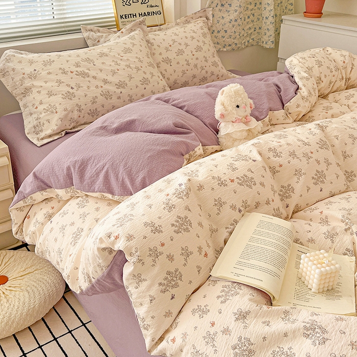 91家纺网 家纺一手货源 找家纺 梦纤绒 2025新款古法水洗棉小布袋四件套，高克重木棉云柔棉 浅夕