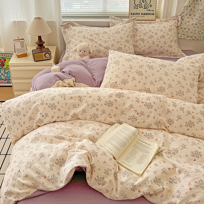 91家纺网 家纺一手货源 找家纺 梦纤绒 2025新款古法水洗棉小布袋四件套，高克重木棉云柔棉 浅夕