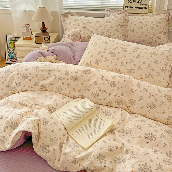 91家纺网 家纺一手货源 找家纺 梦纤绒 2025新款古法水洗棉小布袋四件套，高克重木棉云柔棉 浅夕