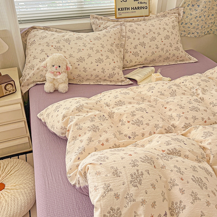 91家纺网 家纺一手货源 找家纺 梦纤绒 2025新款古法水洗棉小布袋四件套，高克重木棉云柔棉 浅夕