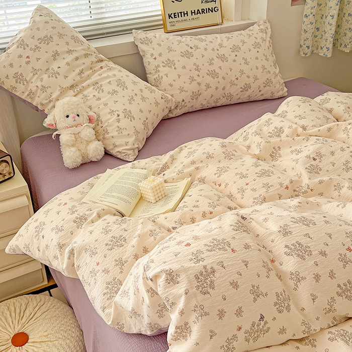 91家纺网 家纺一手货源 找家纺 梦纤绒 2025新款古法水洗棉小布袋四件套，高克重木棉云柔棉 浅夕