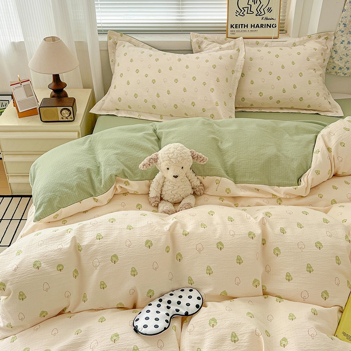 91家纺网 家纺一手货源 找家纺 梦纤绒 2025新款古法水洗棉小布袋四件套，高克重木棉云柔棉 森林物语