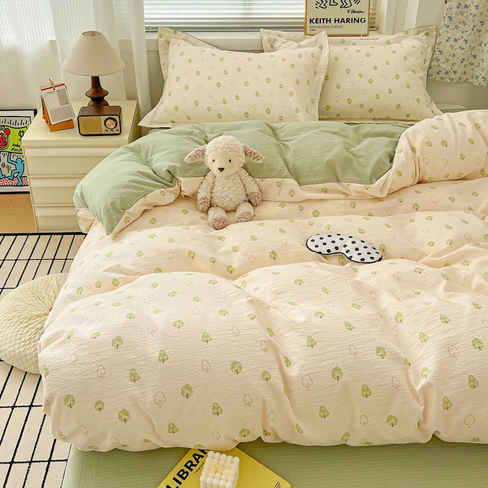 91家纺网 家纺一手货源 找家纺 梦纤绒 2025新款古法水洗棉小布袋四件套，高克重木棉云柔棉 森林物语