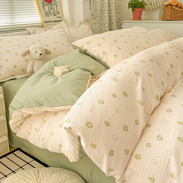 91家纺网 家纺一手货源 找家纺 梦纤绒 2025新款古法水洗棉小布袋四件套，高克重木棉云柔棉 森林物语