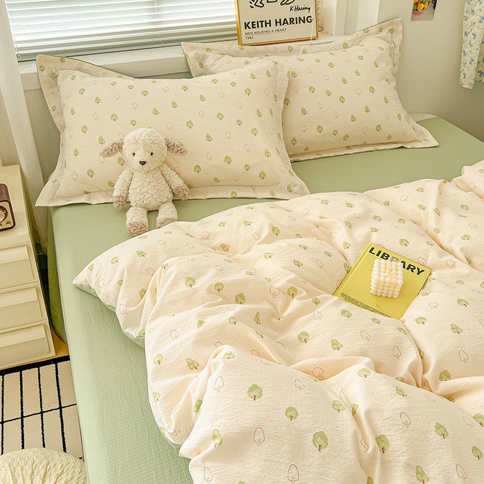 91家纺网 家纺一手货源 找家纺 梦纤绒 2025新款古法水洗棉小布袋四件套，高克重木棉云柔棉 森林物语