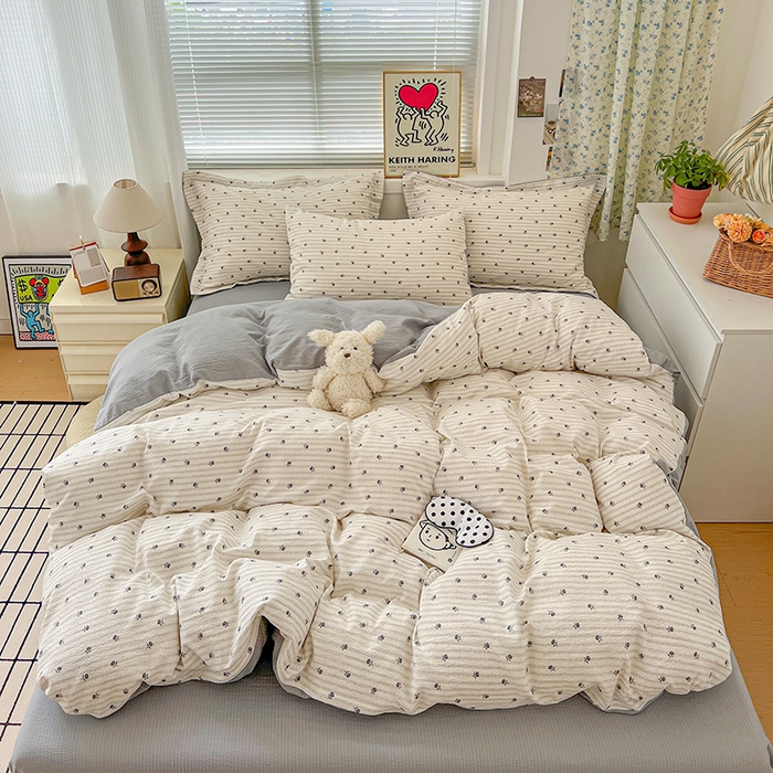 91家纺网 家纺一手货源 找家纺 梦纤绒 2025新款古法水洗棉小布袋四件套，高克重木棉云柔棉 山茶花