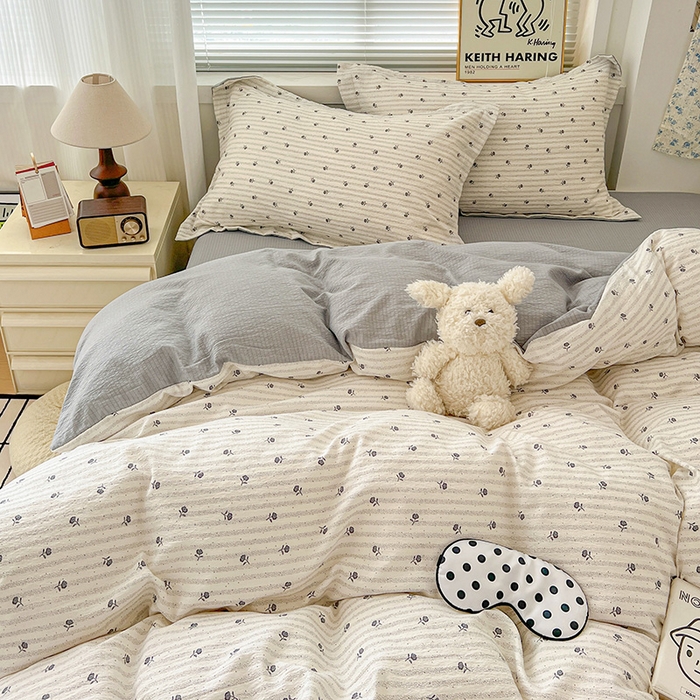 91家纺网 家纺一手货源 找家纺 梦纤绒 2025新款古法水洗棉小布袋四件套，高克重木棉云柔棉 山茶花