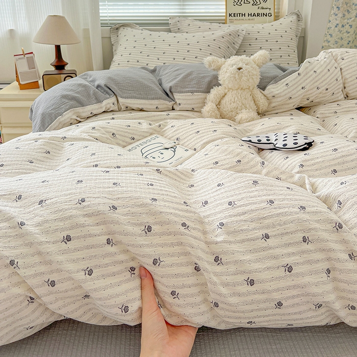 91家纺网 家纺一手货源 找家纺 梦纤绒 2025新款古法水洗棉小布袋四件套，高克重木棉云柔棉 山茶花