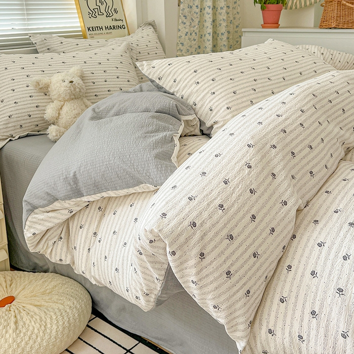 91家纺网 家纺一手货源 找家纺 梦纤绒 2025新款古法水洗棉小布袋四件套，高克重木棉云柔棉 山茶花