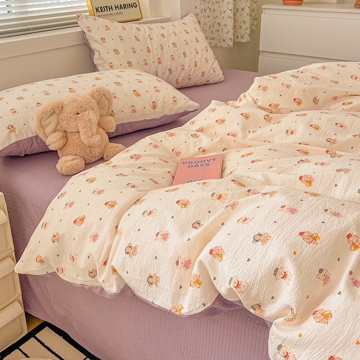 91家纺网 家纺一手货源 找家纺 梦纤绒 2025新款古法水洗棉小布袋四件套，高克重木棉云柔棉 甜心萌狗