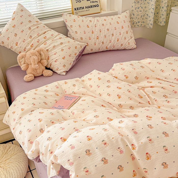 91家纺网 家纺一手货源 找家纺 梦纤绒 2025新款古法水洗棉小布袋四件套，高克重木棉云柔棉 甜心萌狗