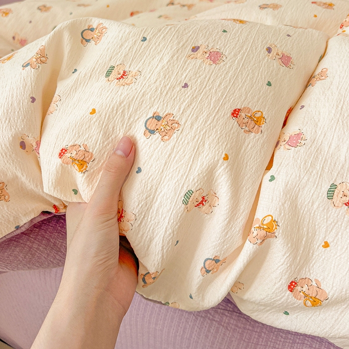 91家纺网 家纺一手货源 找家纺 梦纤绒 2025新款古法水洗棉小布袋四件套，高克重木棉云柔棉 甜心萌狗