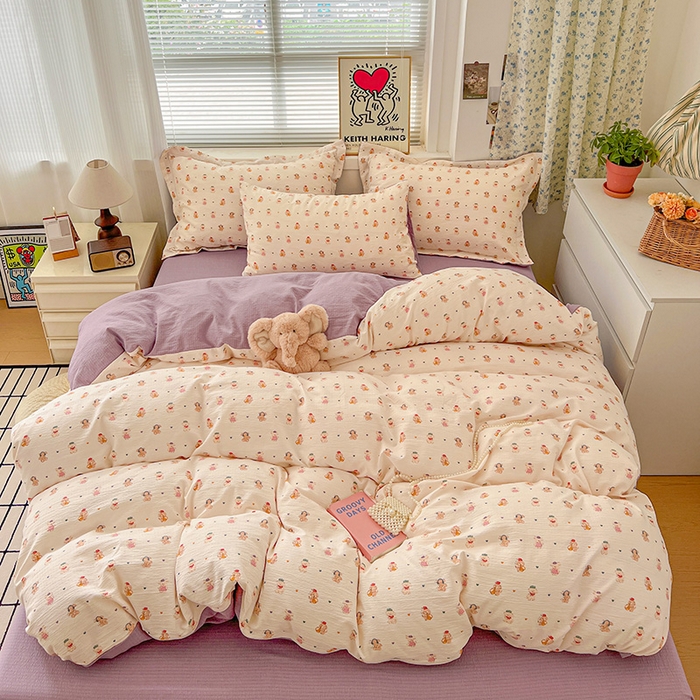 91家纺网 家纺一手货源 找家纺 梦纤绒 2025新款古法水洗棉小布袋四件套，高克重木棉云柔棉 甜心萌狗