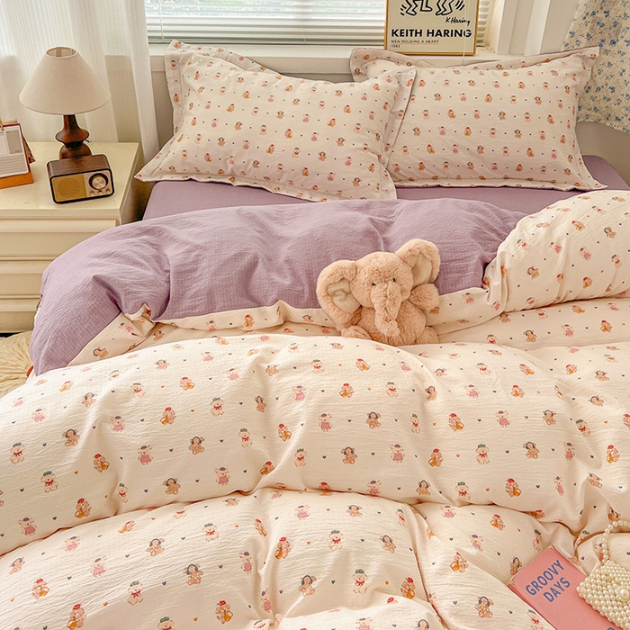 91家纺网 家纺一手货源 找家纺 梦纤绒 2025新款古法水洗棉小布袋四件套，高克重木棉云柔棉 甜心萌狗