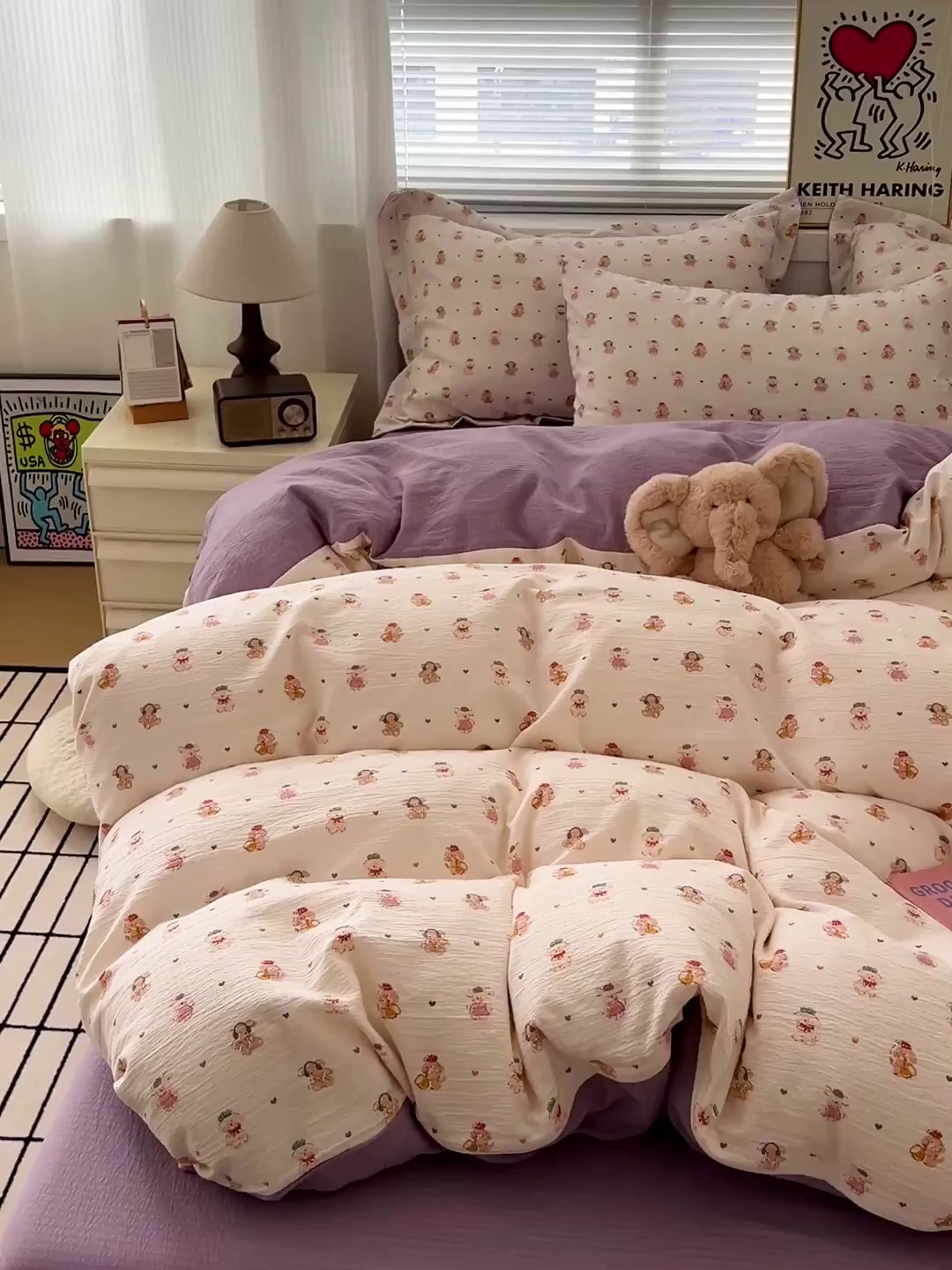 91家纺网 家纺一手货源 找家纺 梦纤绒 2025新款古法水洗棉小布袋四件套，高克重木棉云柔棉 甜心萌狗