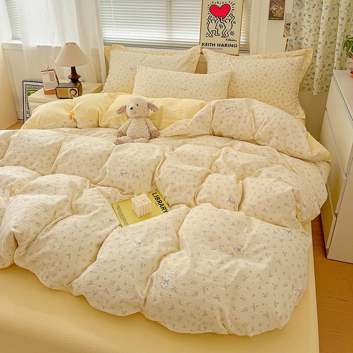 91家纺网 家纺一手货源 找家纺 梦纤绒 2025新款古法水洗棉小布袋四件套，高克重木棉云柔棉 兔小姐