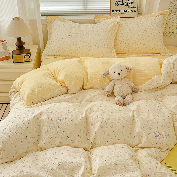 91家纺网 家纺一手货源 找家纺 梦纤绒 2025新款古法水洗棉小布袋四件套，高克重木棉云柔棉 兔小姐