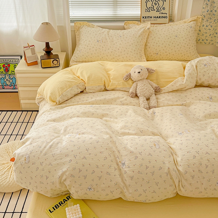 91家纺网 家纺一手货源 找家纺 梦纤绒 2025新款古法水洗棉小布袋四件套，高克重木棉云柔棉 兔小姐