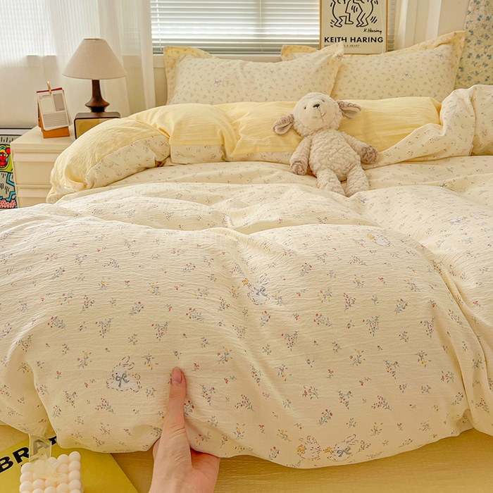 91家纺网 家纺一手货源 找家纺 梦纤绒 2025新款古法水洗棉小布袋四件套，高克重木棉云柔棉 兔小姐