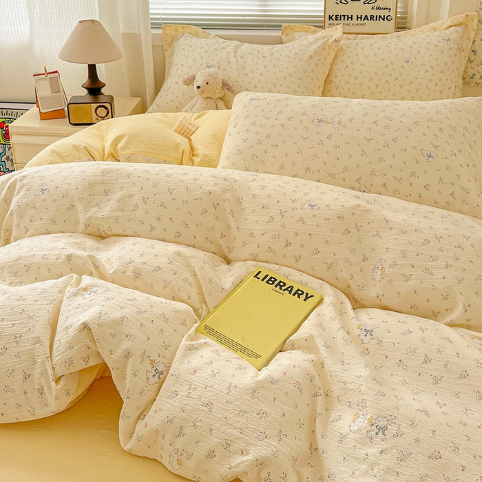 91家纺网 家纺一手货源 找家纺 梦纤绒 2025新款古法水洗棉小布袋四件套，高克重木棉云柔棉 兔小姐