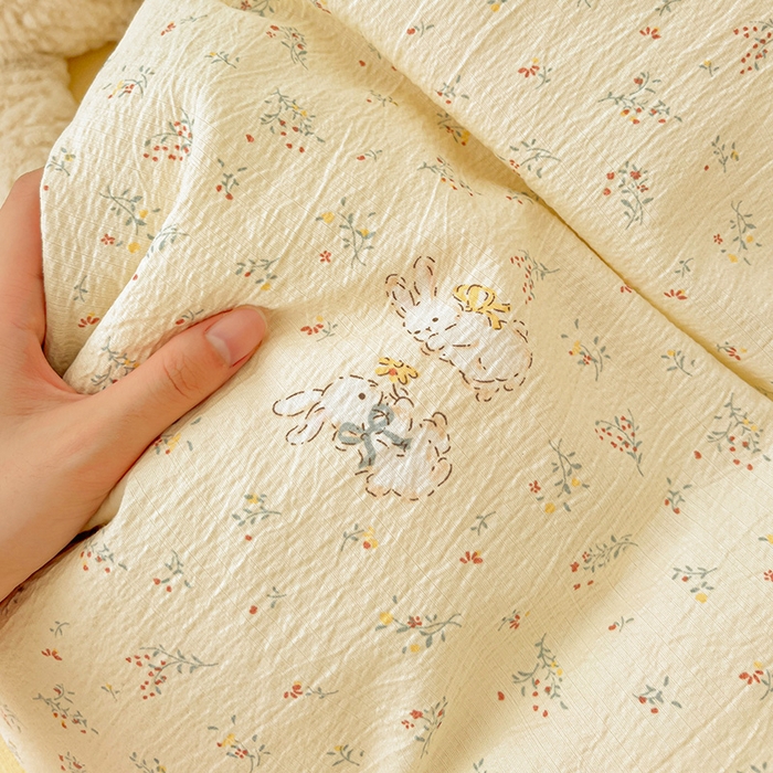 91家纺网 家纺一手货源 找家纺 梦纤绒 2025新款古法水洗棉小布袋四件套，高克重木棉云柔棉 兔小姐