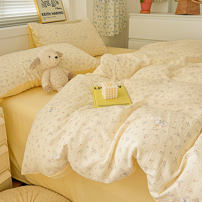 91家纺网 家纺一手货源 找家纺 梦纤绒 2025新款古法水洗棉小布袋四件套，高克重木棉云柔棉 兔小姐