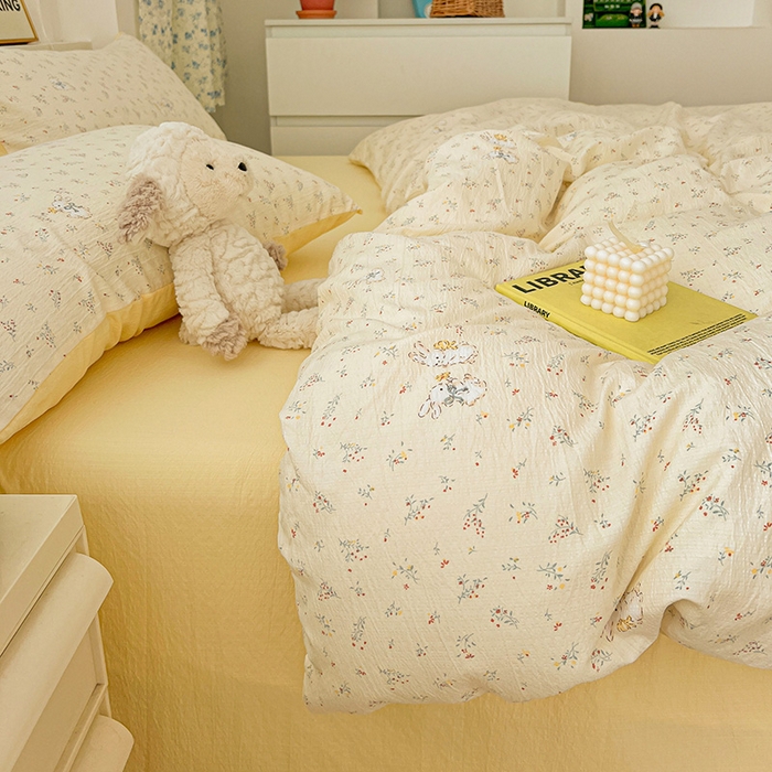 91家纺网 家纺一手货源 找家纺 梦纤绒 2025新款古法水洗棉小布袋四件套，高克重木棉云柔棉 兔小姐