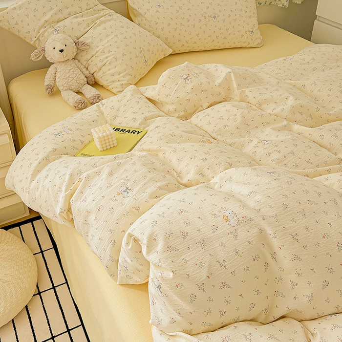 91家纺网 家纺一手货源 找家纺 梦纤绒 2025新款古法水洗棉小布袋四件套，高克重木棉云柔棉 兔小姐