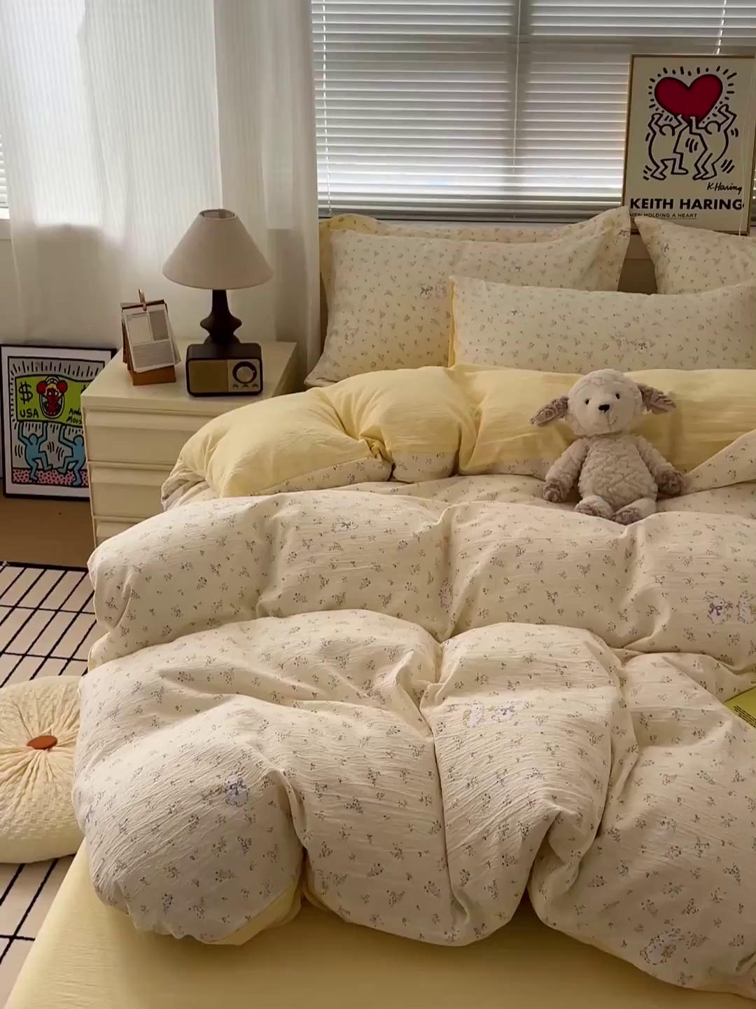 91家纺网 家纺一手货源 找家纺 梦纤绒 2025新款古法水洗棉小布袋四件套，高克重木棉云柔棉 兔小姐