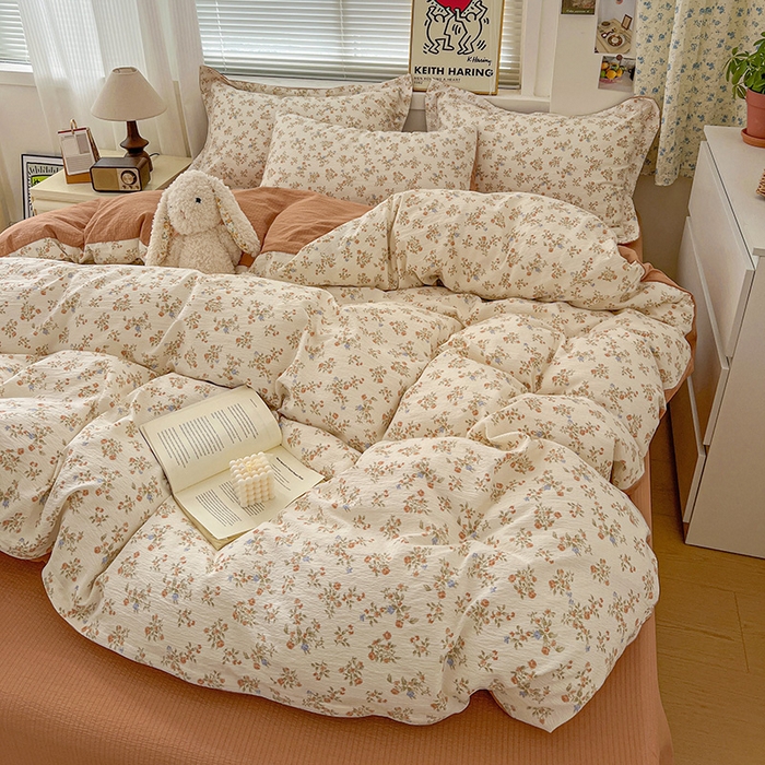 91家纺网 家纺一手货源 找家纺 梦纤绒 2025新款古法水洗棉小布袋四件套，高克重木棉云柔棉 闲趣花开