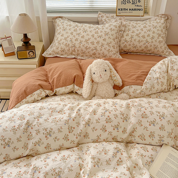 91家纺网 家纺一手货源 找家纺 梦纤绒 2025新款古法水洗棉小布袋四件套，高克重木棉云柔棉 闲趣花开