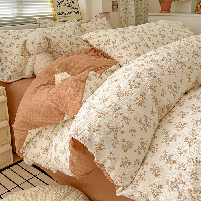 91家纺网 家纺一手货源 找家纺 梦纤绒 2025新款古法水洗棉小布袋四件套，高克重木棉云柔棉 闲趣花开