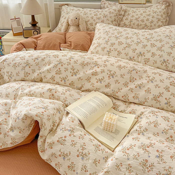 91家纺网 家纺一手货源 找家纺 梦纤绒 2025新款古法水洗棉小布袋四件套，高克重木棉云柔棉 闲趣花开