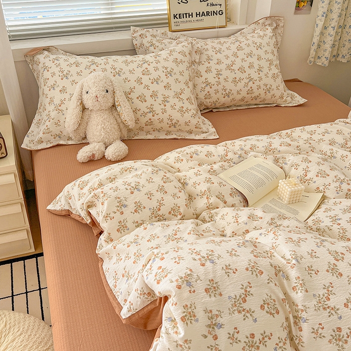 91家纺网 家纺一手货源 找家纺 梦纤绒 2025新款古法水洗棉小布袋四件套，高克重木棉云柔棉 闲趣花开