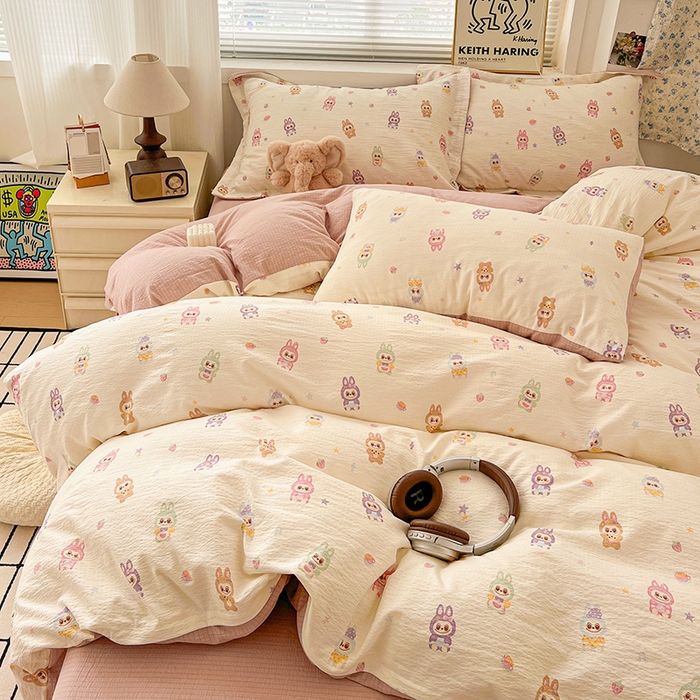 91家纺网 家纺一手货源 找家纺 梦纤绒 2025新款古法水洗棉小布袋四件套，高克重木棉云柔棉 小布丁