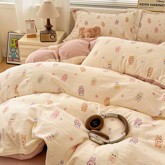 91家纺网 家纺一手货源 找家纺 梦纤绒 2025新款古法水洗棉小布袋四件套，高克重木棉云柔棉 小布丁