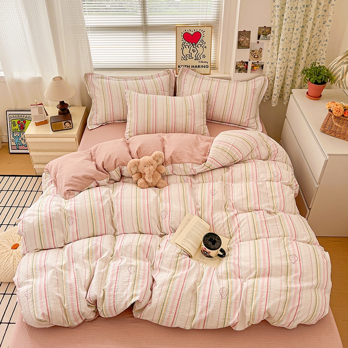 91家纺网 家纺一手货源 找家纺 梦纤绒 2025新款古法水洗棉小布袋四件套，高克重木棉云柔棉 小草莓