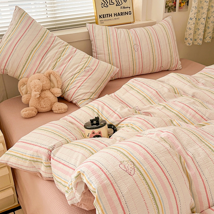 91家纺网 家纺一手货源 找家纺 梦纤绒 2025新款古法水洗棉小布袋四件套，高克重木棉云柔棉 小草莓