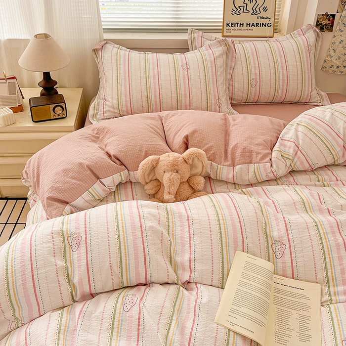 91家纺网 家纺一手货源 找家纺 梦纤绒 2025新款古法水洗棉小布袋四件套，高克重木棉云柔棉 小草莓