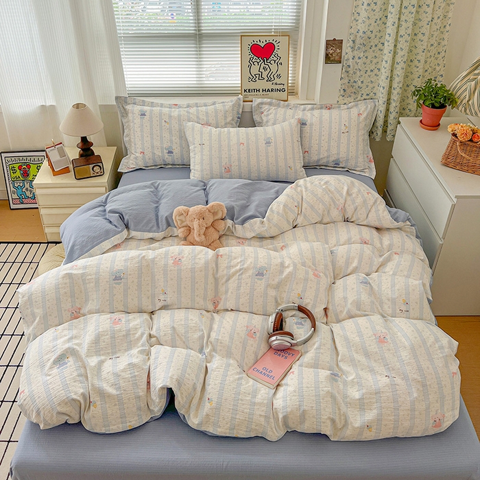 91家纺网 家纺一手货源 找家纺 梦纤绒 2025新款古法水洗棉小布袋四件套，高克重木棉云柔棉 小萌象