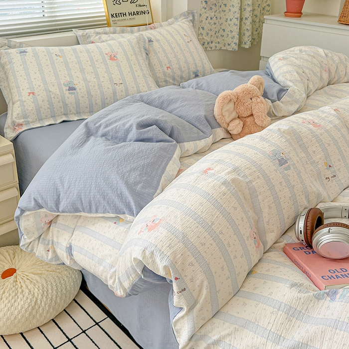 91家纺网 家纺一手货源 找家纺 梦纤绒 2025新款古法水洗棉小布袋四件套，高克重木棉云柔棉 小萌象