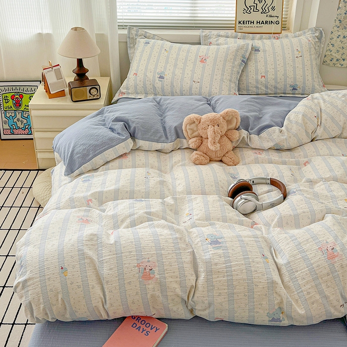 91家纺网 家纺一手货源 找家纺 梦纤绒 2025新款古法水洗棉小布袋四件套，高克重木棉云柔棉 小萌象