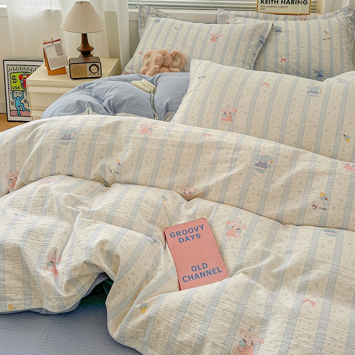 91家纺网 家纺一手货源 找家纺 梦纤绒 2025新款古法水洗棉小布袋四件套，高克重木棉云柔棉 小萌象