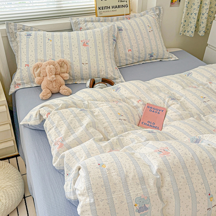 91家纺网 家纺一手货源 找家纺 梦纤绒 2025新款古法水洗棉小布袋四件套，高克重木棉云柔棉 小萌象