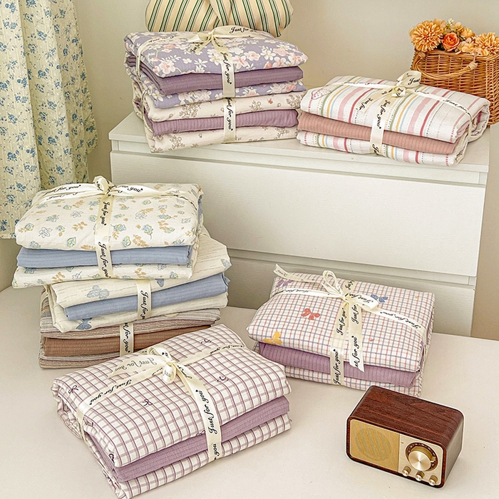 91家纺网 家纺一手货源 找家纺 梦纤绒 2025新款古法水洗棉小布袋四件套，高克重木棉云柔棉 组合图仅供展示