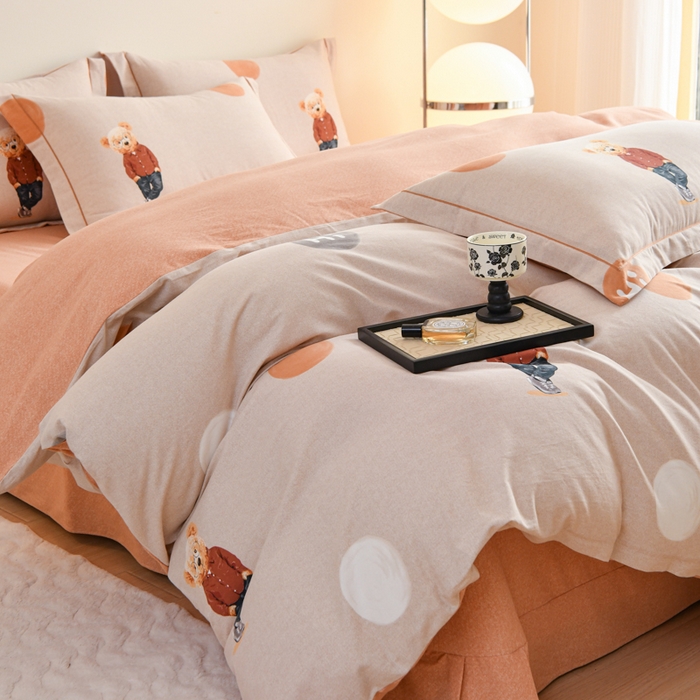 91家纺网 家纺一手货源 找家纺 铭浩家纺 2025新款全棉纯棉数码印花四件套 趣味熊-咖