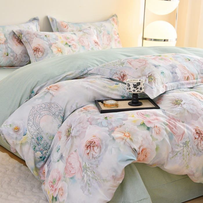 91家纺网 家纺一手货源 找家纺 铭浩家纺 2025新款全棉纯棉数码印花四件套 盛夏-绿